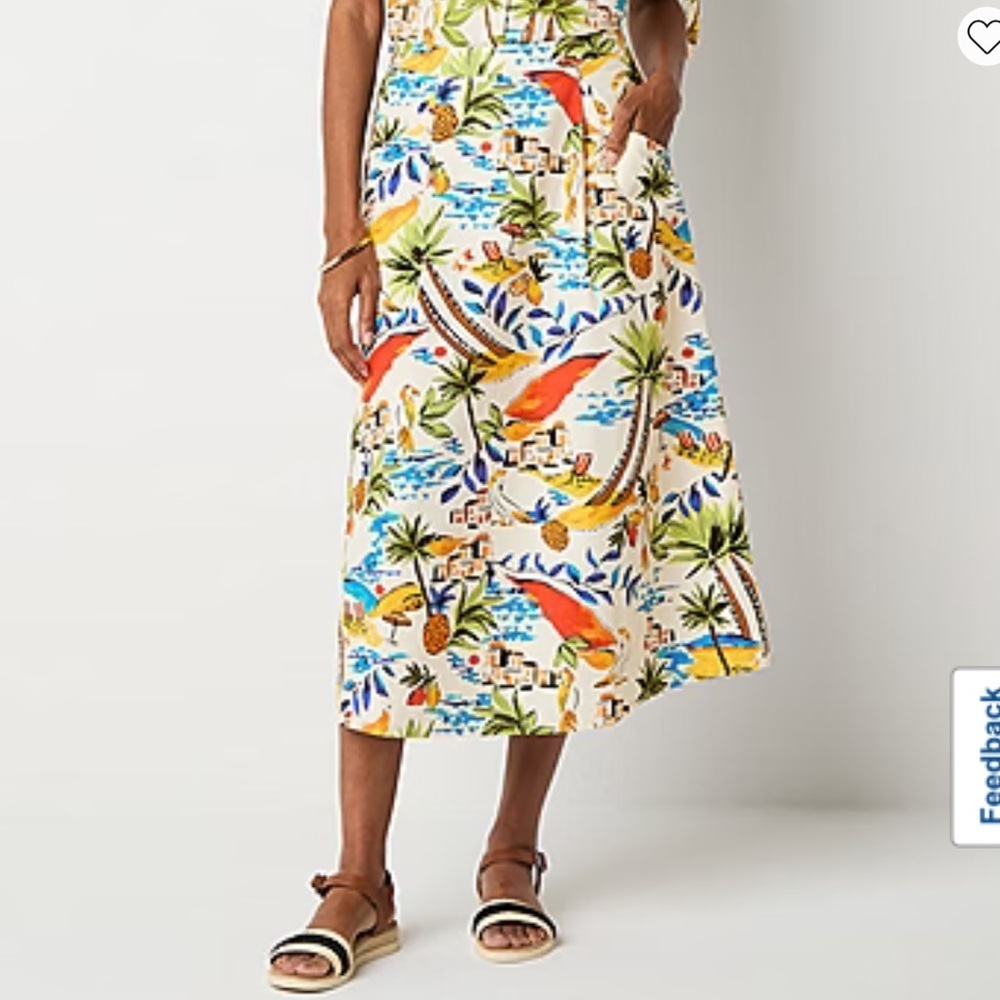 St John’s Bay Womens A Line MIDI Elastic Waist High Rise Skirt SZ 2X Tropical